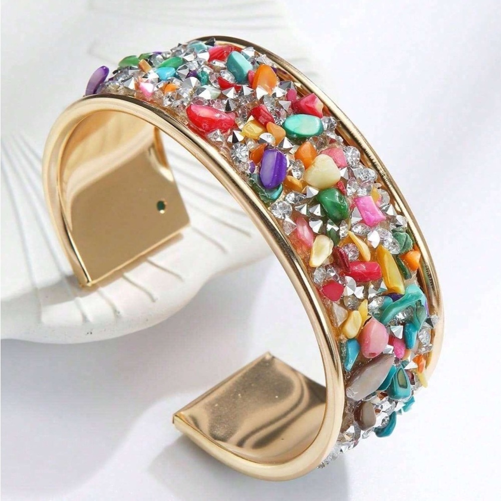 Colorful Gemstone Gold Cuff Bangle - Picture 2 of 5